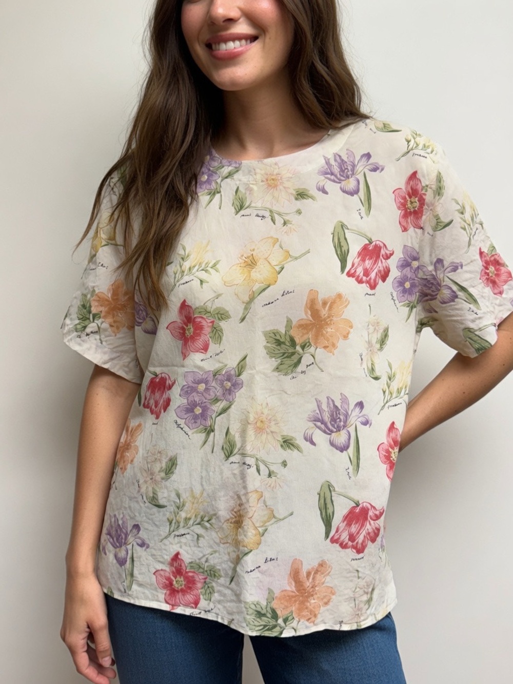 Anna And Frank Vintage 100% Silk Floral Short Sleeve Tee EUC Size XL